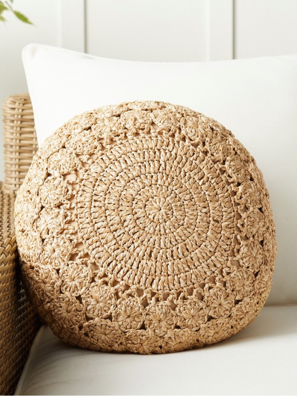 Pottery Barn Round Hand-Crochet Faux Natural Fiber Raffia Pillow